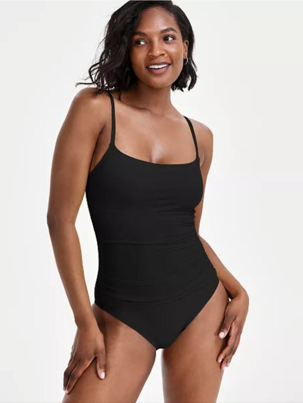La Blanca Island Goddess Ruched One Piece Swimsuit Black Scoop Neck Size M 6/8
